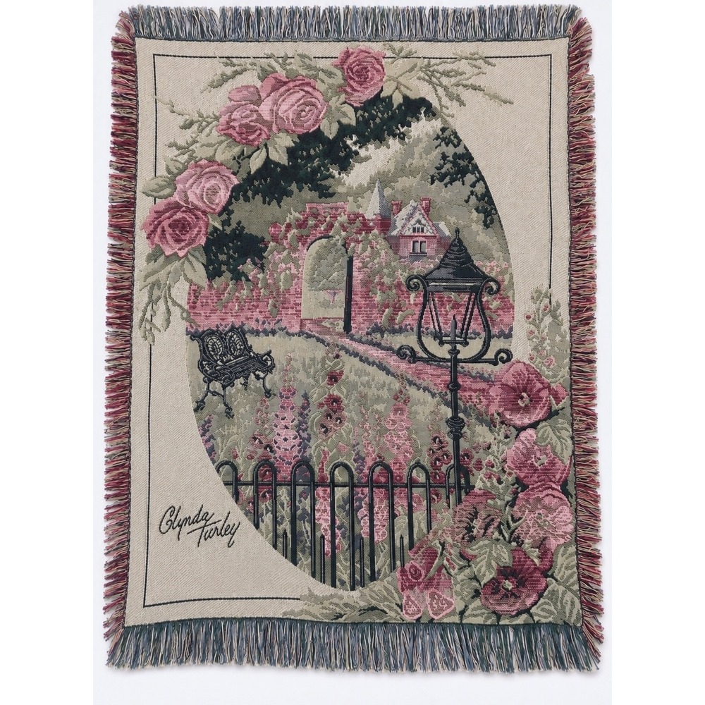 Vintage Glynda Turley Tapestry Throw Blanket Cottage Garden Roses Floral Fringe